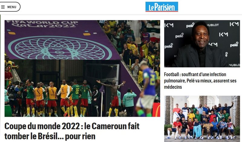O francês "Le Parisien" relatou que Camarões venceu o Brasil, mas foi em vão, pois não conseguiram passar para o mata-mata.
