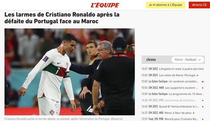 O "L'Équipe", da França, contou sobre aslágrimas do principal jogador de Portugal.