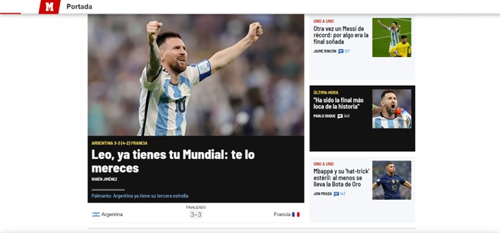 "Leo, já tem seu mundial". O espanhol "Marca" foi mais um que vangloriou o camisa 10 da Argentina.