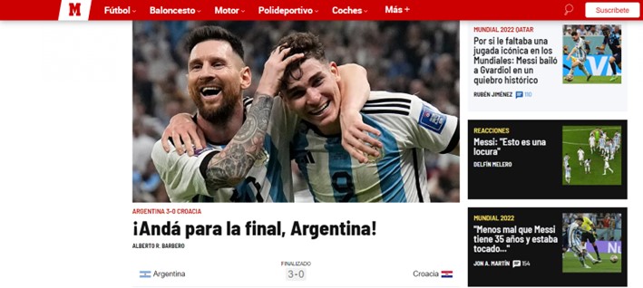 O "Marca", da Espanha, disse que a Argentina está na final e fez uma cobertura baseada na excelente partida de Lionel Messi.