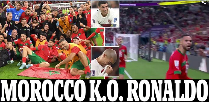 "Marrocos nocauteia Ronaldo". Os marroquinos fizeram história ao colocar uma seleção africana entre as melhores do mundo e o "Daily Mail" deu destaque para a surpresa diante do consagrado Cristiano Ronaldo.
