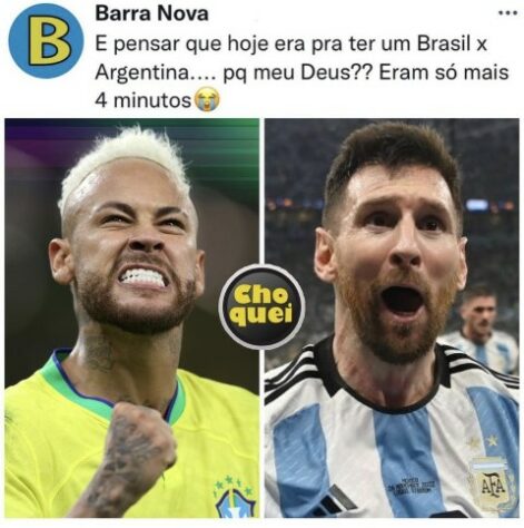 Em memes, torcedores brasileiros mostram frustração por não ter Brasil x Argentina pelas semifinais da Copa do Mundo.
