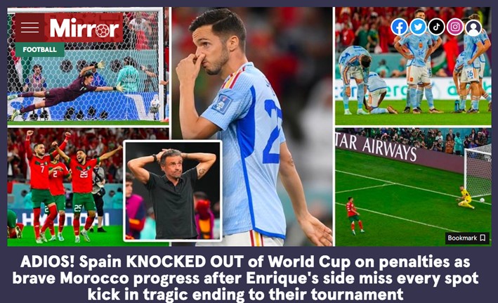 O britânico "Mirror" fez uma colagem com vários momentos da eliminação espanhola e ironizou: "Adeus"