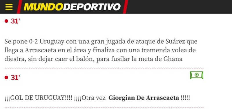 "Tremendo voleio". O espanhol "Mundo Deportivo" não poupou elogios para o segundo gol de Arrascaeta contra Gana.