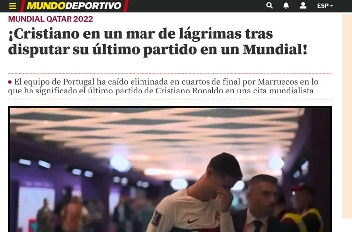 O "Mundo Deportivo", da Espanha, falou em "mar de lágrimas" para a dura derrota nas quartas de Cristiano Ronaldo.