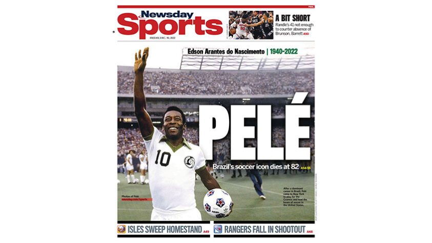 NEWSDAY SPORTS (ESTADOS UNIDOS): O jornal esportivo de Nova York estampou uma foto de Pelé no Cosmos-EUA em sua capa.