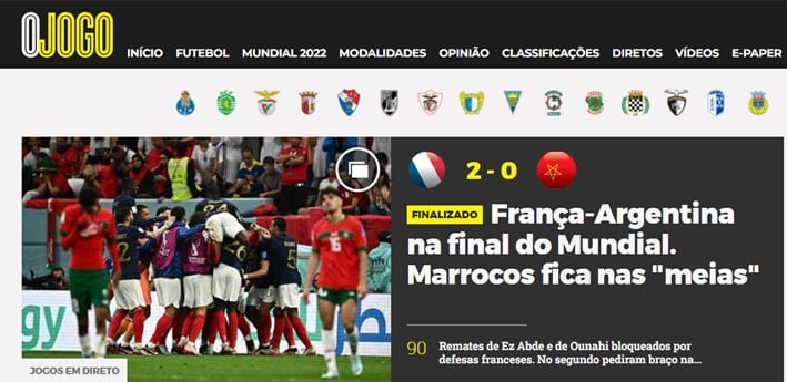 "O Jogo", de Portugal, apenas classificou que a França vai para a decisão e o Marrocos ficou nas semis.
