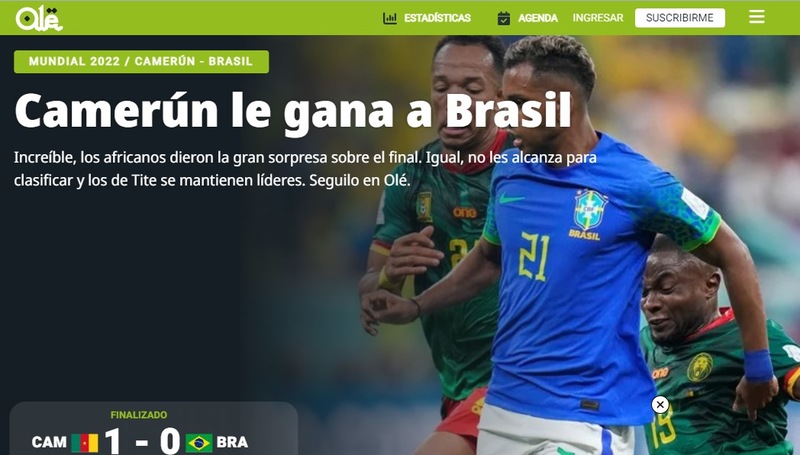 Os argentinos do Olé fizeram questão de estampar em sua capa "Camarões ganha do Brasil".