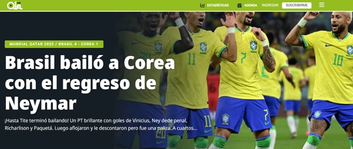O jornal argentino "Olé" relembrou que o baile contra a Coreia do Sul contou com o retorno do Neymar.