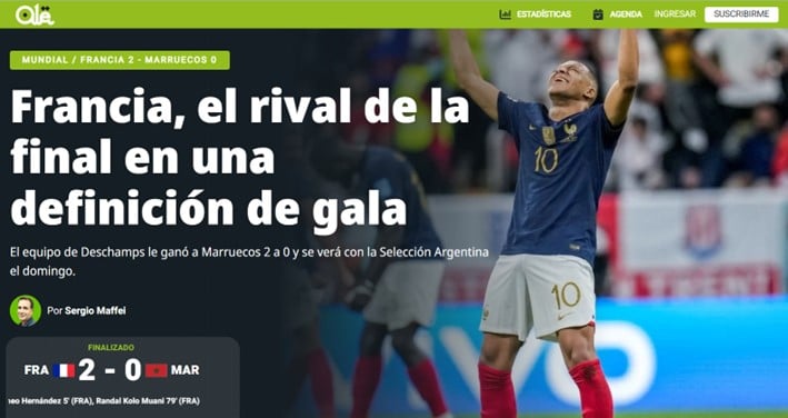 "Definição de Gala". O "Olé", da Argentina, destacou a dura final entre franceses e argentinos.