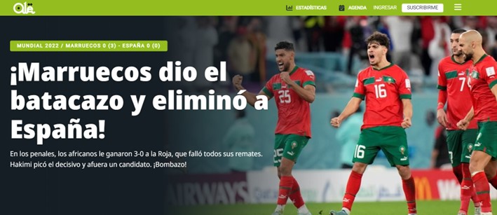 O "Olé", da Argentina, relatou que o Marrocos deu um "golpe" e eliminou a Espanha.