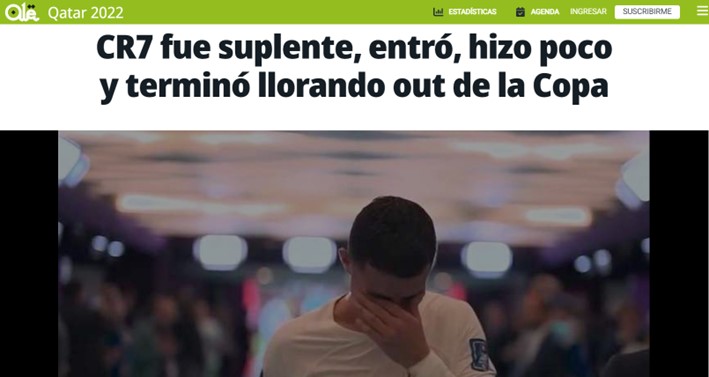 O "Olé, da Argentina, fez um relato completo. Contando que Cristiano começou no banco e terminou chorando, após não fazer muitas coisas em campo.