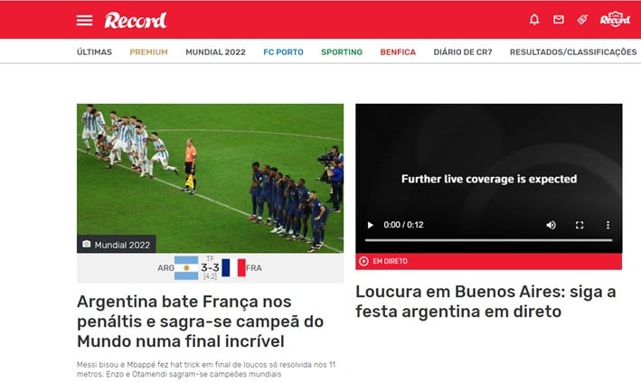 O jornal português "Record" reportou que os sul-americanos venceram nos pênaltis. Além disso, mostraram imagens de comemorações pela Argentina.