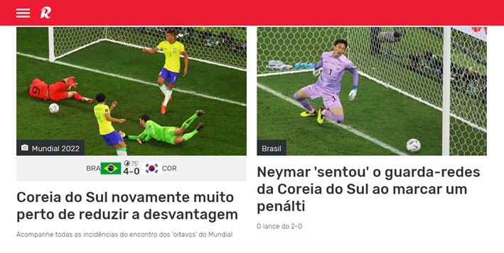 O portal português "Record" noticiou a vitória do Brasil e deu destaque para o pênalti batido com excelência por Neymar.