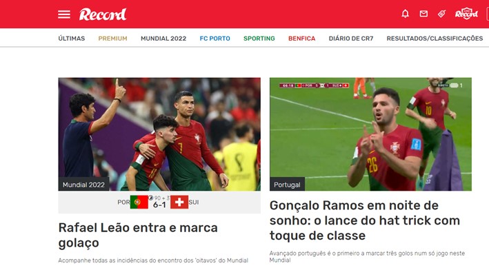 O "Record", da Portugal, deu destaque para cada um dos gols e uma cobertura especial para o Gonçalo Ramos em "noite dos sonhos".