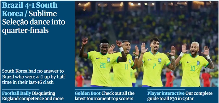 O "The Guardian", do Reino Unido, disse que a Seleção Brasileira ruma suas danças para as quartas de final da Copa do Mundo.