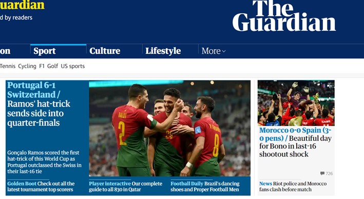 O britânico "The Guardian" trouxe um caráter mais noticioso com a informação citando o hat-trick de Gonçalo Reamos e a classificação portuguesa.