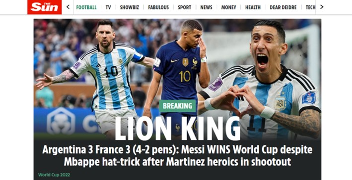 Em uma brincadeira misturando Leo, apelido do Messi, e "Rei Leão", os  britânicos do "The Sun" se entusiasmaram com a final do mundial.