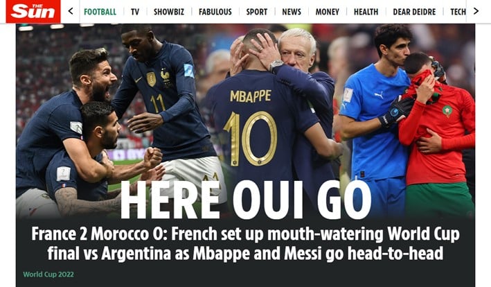 O britânico "The Sun" brincou com a expressão "Vamos lá" e o som da palavra "sim" na língua francesa. Além disso, destacou o enfrentamento Mbappé contra Messi.