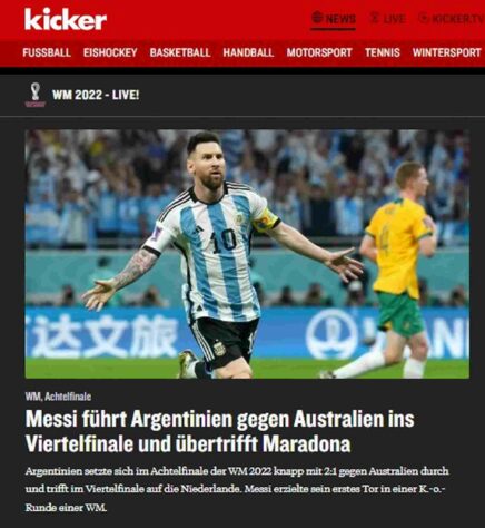 Na Alemanha, o Kicker também deu destaque a Messi e a um recorde batido pelo atacante: o gol contra a Austrália foi o seu nono em Copas do Mundo, superando assim Diego Maradona na artilharia geral da Argentina em Mundiais. 