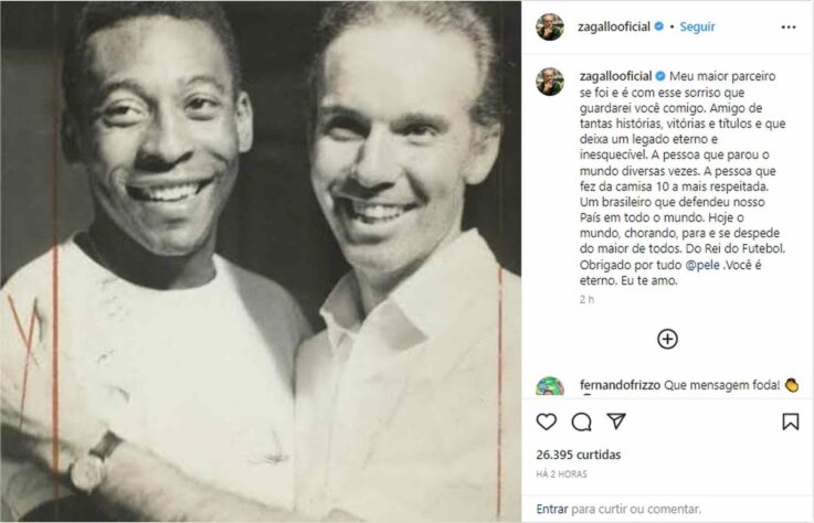 Zagallo, que jogou ao lado do Rei e treinou Pelé no Mundial de 1970, deixou uma mensagem emocionante ao amigo. 