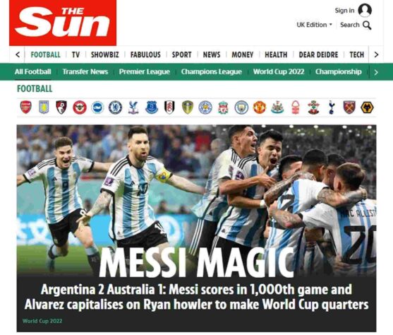'Mágico': o tabloide sensacionalista 'The Sun' foi objetivo em seu elogio à atuação de Messi. O site também destacou que essa era a milésima partida do craque na carreira. 