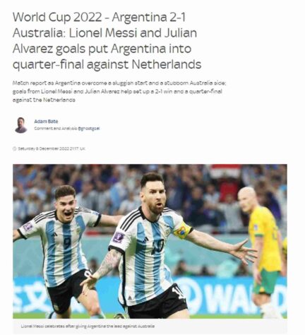 No site da 'SkySports', da Inglaterra, os gols de Messi e Julian Alvarez, atacante do Manchester City, foram os destaques na manchete. 