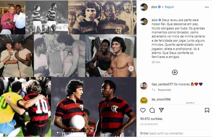Zico também deixou uma homenagem a Pelé em suas redes sociais, relembrando os ensinamentos do Rei. 