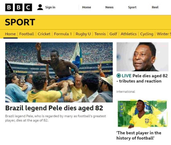 A 'BBC' também não poupou palavras para exaltar Pelé: 'O melhor jogador da história'. 