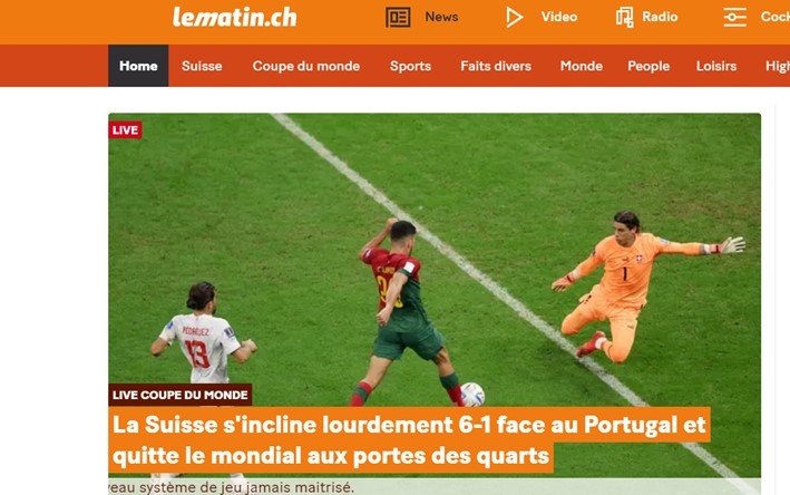 O suíço "Le Matin" reportou que a sua seleção nacional foi goleada e saiu da competição antes das quartas.