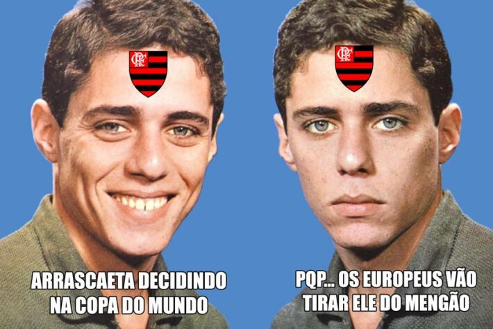 Torcedores do Flamengo brincam com os dois gols de Arrascaeta na Copa do Mundo.