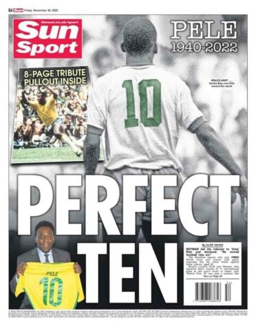"O 10 perfeito", foi como o The Sun, jornal da Inglaterra, estampou em sua capa a homenagem a Pelé, que faleceu nesta quinta-feira, aos 82 anos, em São Paulo. Veja as homenagens de jornais pelo mundo ao Rei do Futebol:
