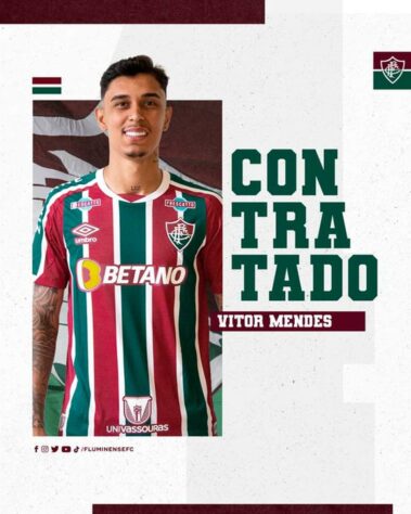 FECHADO - O Fluminense oficializou a chegada do zagueiro Vitor Mendes, que estava no Juventude e pertence ao Atlético-MG. O vínculo do jogador de 23 anos com o clube das Laranjeiras durará até dezembro de 2023.