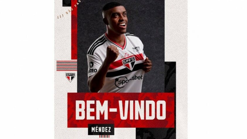 FECHADO - O meia equatoriano Jhegson Mendéz é o novo reforço do São Paulo. O jogador, que estava no Los Angeles FC, dos Estados Unidos, assinou até dezembro de 2025. O anúncio foi feito nas redes sociais do Tricolor Paulista.