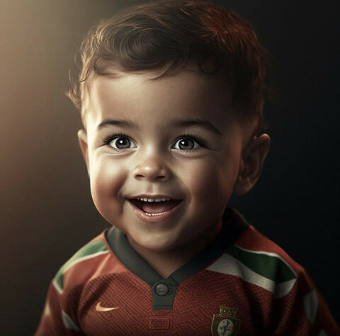 Outra brincadeira que fez sucesso nas redes sociais foi a criação de versões infantis dos jogadores. Na montagem acima, Cristiano Ronaldo. Veja outros a seguir!