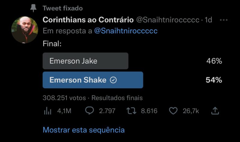 Na manhã desta quarta-feira, após mais de 300 mil votos, o resultado final foi divulgado: Emerson Shake foi o grande campeão! O resultado gerou manifestações dos apoiadores do derrotado e comemorações dos vencedores. Veja, a seguir, memes da brincadeira!