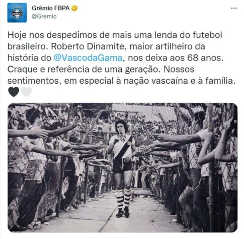 "Craque e referência de uma geração". O Grêmio classificou Roberto Dinamite como "lenda do futebol brasileiro".