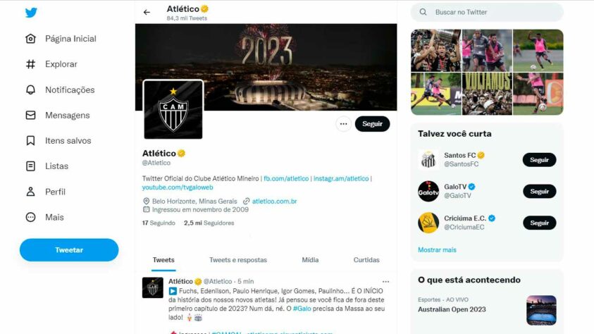 8º: Atlético-MG - 2.593.131 seguidores. Logo acima do Cruzeiro, aparece o Galo. Com "apenas" 31.340 seguidores a mais que seu principal rival, o alvinegro aparece como oitavo clube mais seguido do Brasileirão no Twitter.