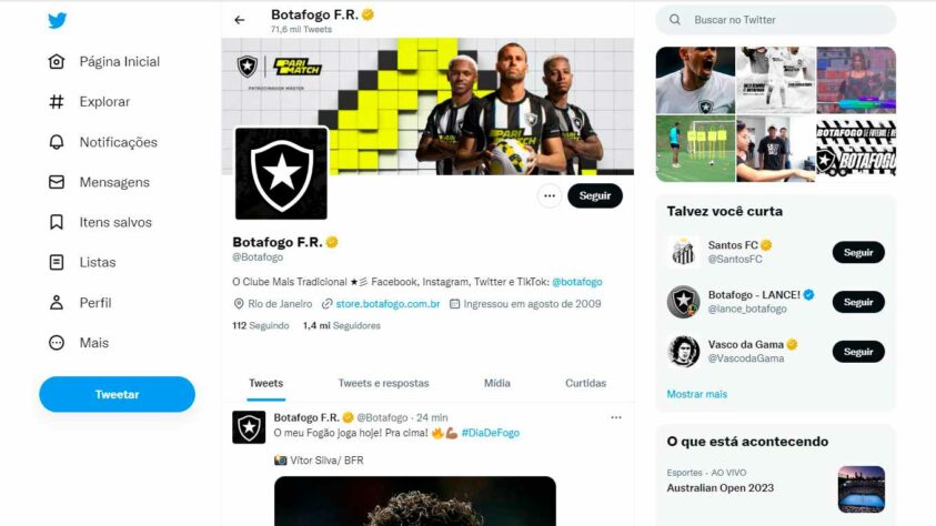 13º: Botafogo - 1.451.910 seguidores. O Glorioso soma quase 1,5 milhão de fãs no Twitter e aparece na 13ª posição da lista. Embora seja o carioca com a pior colocação da lista, bate de frente com o Tricolor para ver quem terá o maior número de seguidores na rede social.