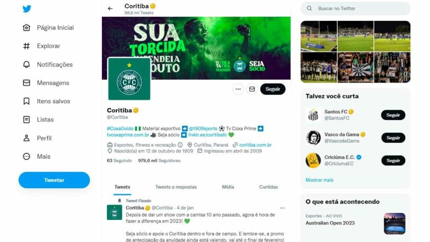 15º: Coritiba - 979.609 seguidores. A partir do Coxa, começa a "briga de gigantes". Com quase 1 milhão de fãs no Twitter, o clube paranaense tenta se firmar entre as principais equipes do país e está cada vez mais perto do maior rival Athletico-PR.