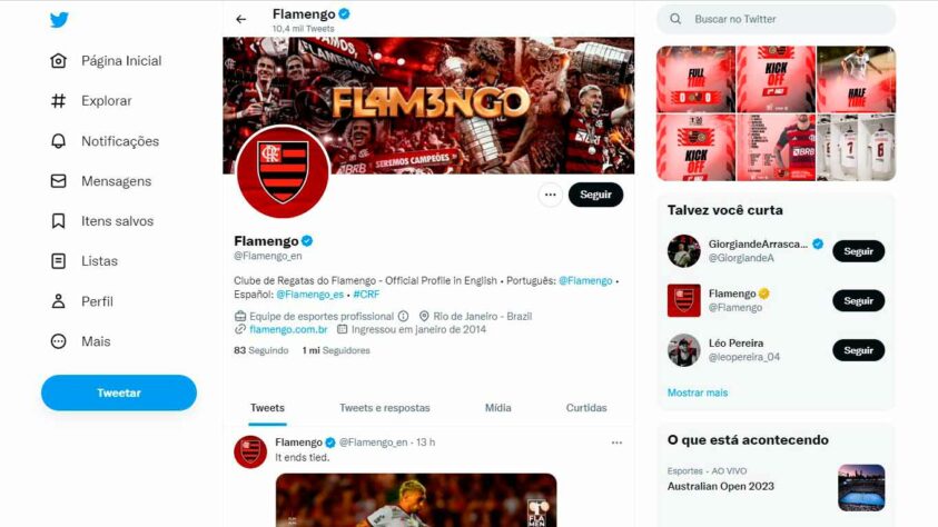 1º: Flamengo: 10.004.417 seguidores. O Rubro-Negro é o único clube do Brasileirão a alcançar os dois dígitos na casa do milhão dentro do futebol brasileiro. Com isso, é disparado a equipe brasileira com o maior número de fãs no Twitter. O crescimento nas redes sociais também é fruto das grandes atuações que lhe renderam títulos nas últimas temporadas.