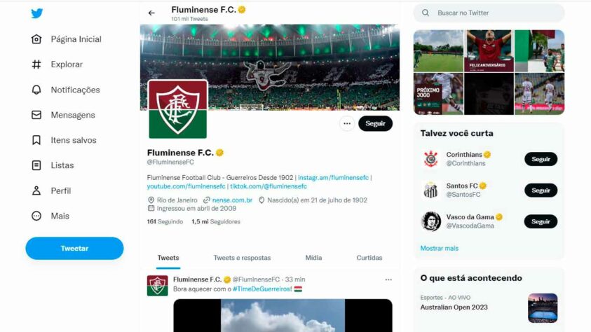 12º: Fluminense - 1.505.321 seguidores. A disputa com o Botafogo é acirrada. Com "apenas" 53.411 seguidores a mais que o rival carioca, o Tricolor aparece como "terceira força" no Twitter entre os times do Rio de Janeiro.