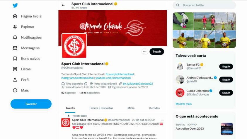 10º: Internacional - 1.894.748 seguidores. Primeiro clube do Rio Grande do Sul que aparece na lista. O Colorado está "no meio da tabela" e soma quase 2 milhões de fãs no Twitter.