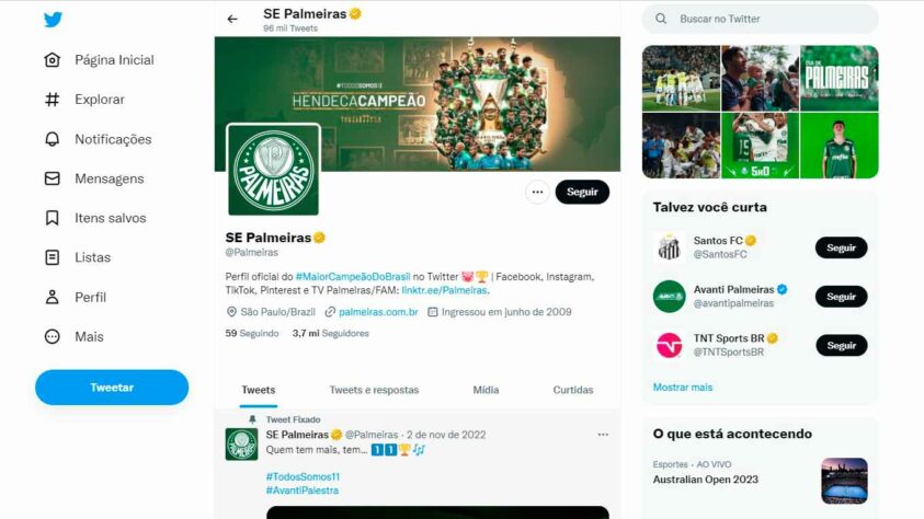 4º: Palmeiras - 3.726.796 seguidores. Multicampeão nos últimos anos, o Verdão conseguiu ultrapassar o Santos e aparece na quarta posição dentre os clubes mais seguidos do Brasileirão.