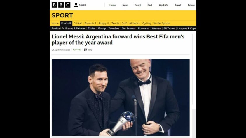 A página de esportes da 'BBC' foi bastante objetiva ao noticiar a vitória de Lionel Messi no prêmio da FIFA: 'Atacante argentino vence o prêmio de melhor jogador do Mundo'. 