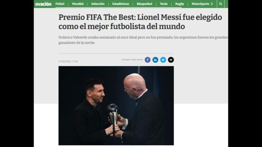No Uruguai, o 'Ovación' lembrou que Valverde, uruguaio do Real Madrid, foi indicado à seleção do ano, mas não ganhou o prêmio. O jornal ainda define os argentinos como os grandes vencedores da noite. 