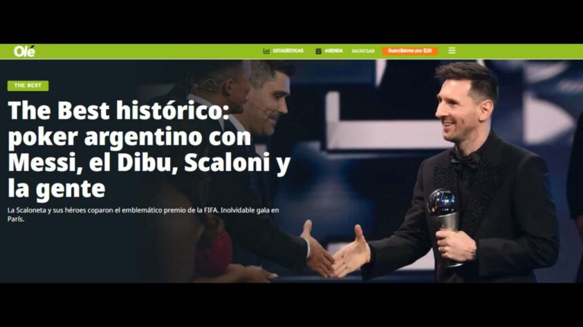 Como era de se esperar, as vitórias argentinas foram o grande destaque da imprensa internacional na cobertura do prêmio 'The Best' da FIFA. Na Argentina, o 'Olé' classificou o evento como 'histórico' e exaltou as quatro premiações conquistadas pelo país: melhor goleiro, melhor treinador, melhor torcida e, claro, melhor jogador do Mundo. Confira a seguir a repercussão do prêmio 'The Best' em outros veículos internacionais. 