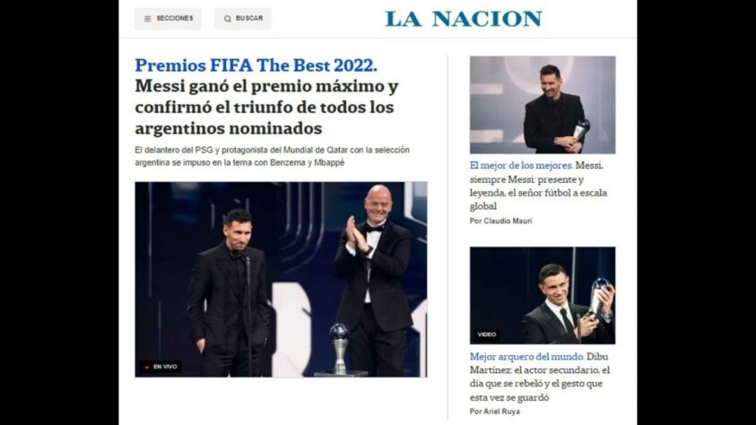 Outro jornal do país vizinho a repercutir, de maneira orgulhosa, o êxito argentino na cerimônia foi o 'La Nación', personificando no prêmio de Messi o sucesso de todos os outros argentinos indicados. 