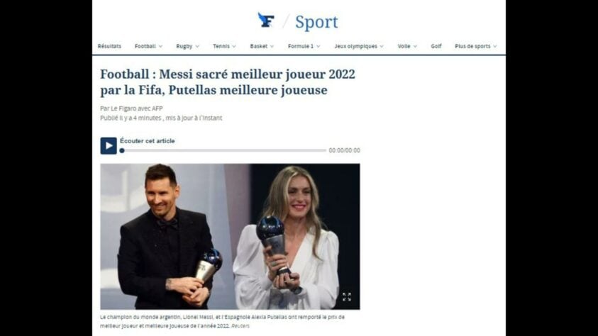 Na França, terra do PSG, equipe de Messi, apenas 'Le Fígaro' dedicou atenção ao prêmio da FIFA, colocando Messi e Alexia Putellas lado a lado, os melhores do Mundo no masculino e no feminino. 
