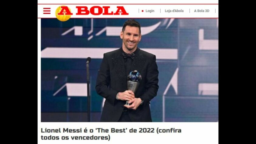 Em Portugal, os jornais não perderam a objetividade tradicional. 'A Bola' foi direto ao noticiar o prêmio vencido por Lionel Messi. 
